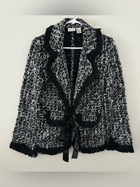Newport News Black White Tweed Look Knit Blazer Sweater Size S Fringe Old Money